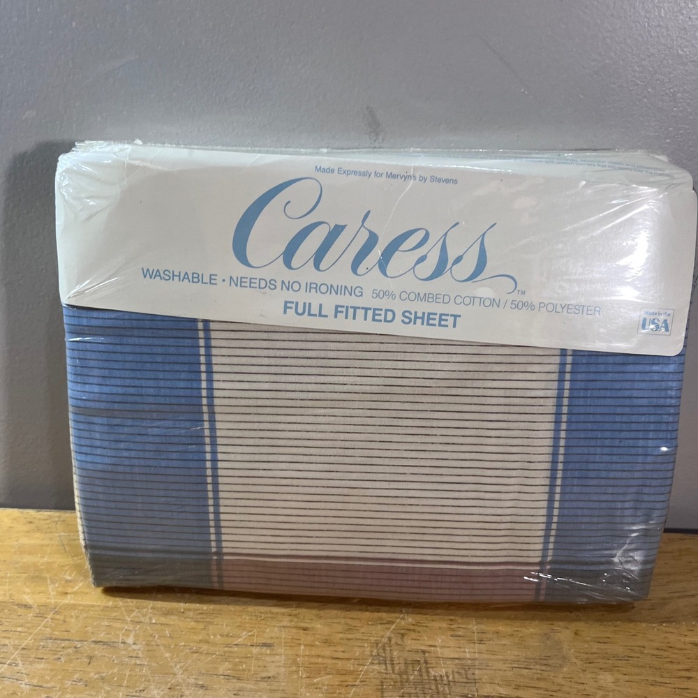 Caress Stevens Full Fitted Sheet Vtg Blue Tan Mauve Plaid Composition II USA NIP